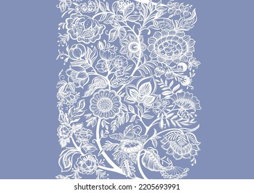 Fantasy flowers in retro, vintage, jacobean embroidery style. Seamless pattern, background. Vector illustration. In white on blue background.