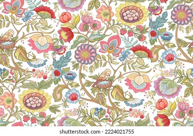 Fantasy flowers in retro, vintage, jacobean embroidery style. Seamless pattern, background. Vector illustration. Multicolor.