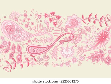 Fantasy flowers in retro, vintage, jacobean embroidery style. Paisley seamless pattern, background. Vector illustration on yellow background.