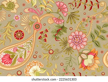 Fantasy flowers in retro, vintage, jacobean embroidery style. Paisley seamless pattern, background. Vector illustration on kraft paper background.
