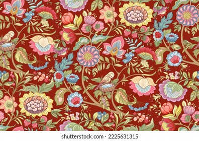 Fantasy flowers in retro, vintage, jacobean embroidery style. Seamless pattern, background. Vector illustration. Multicolor on red background.