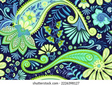 Fantasy flowers in retro, vintage, jacobean embroidery style. Paisley seamless pattern, background. Vector illustration on blue background.