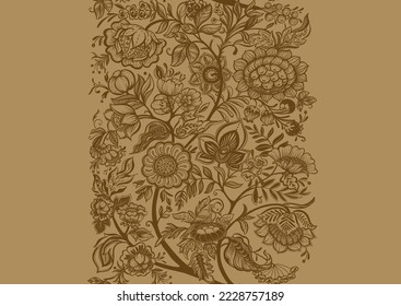 Fantasy flowers in retro, vintage, jacobean embroidery style. Seamless pattern, background. Vector illustration. On kraft paper background.