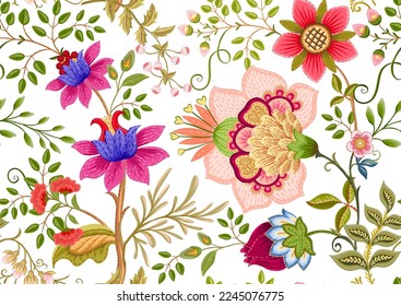 Fantasy flowers in retro, vintage, jacobean embroidery style. Seamless pattern, background. Vector illustration.