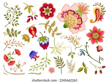 Fantasy flowers in retro, vintage, jacobean embroidery style. Element for design. Vector illustration.