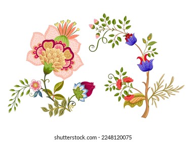 Flores de fantasía en estilo retro, vintage, jacobeo de bordado. Elemento para el diseño. Ilustración vectorial.