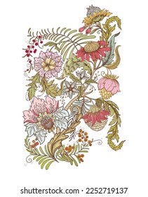 Fantasy flowers in retro, vintage, jacobean embroidery style. Clip art, set of elements for design Vector illustration.