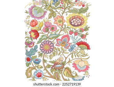 Fantasy flowers in retro, vintage, jacobean embroidery style. Seamless pattern, background. Vector illustration. Multicolor.