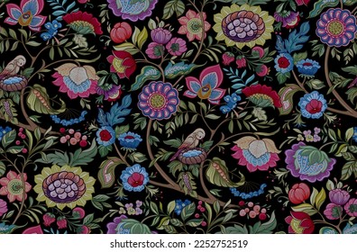 Fantasy flowers in retro, vintage, jacobean embroidery style. Seamless pattern, background. Vector illustration. Multicolor on black background.