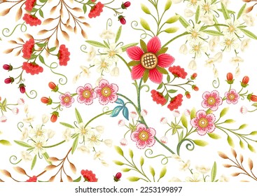 Fantasy flowers in retro, vintage, jacobean embroidery style. Seamless pattern, background. Vector illustration.