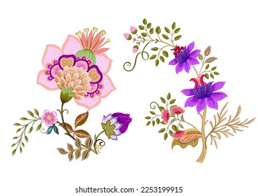 Fantasy flowers in retro, vintage, jacobean embroidery style. Element for design. Vector illustration.