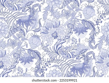 Fantasy flowers in retro, vintage, jacobean embroidery style. Seamless pattern, background. Vector illustration.