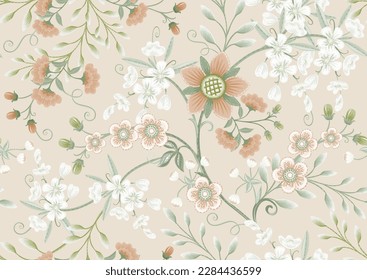 Fantasy flowers in retro, vintage, jacobean embroidery style. Seamless pattern, background. Vector illustration.