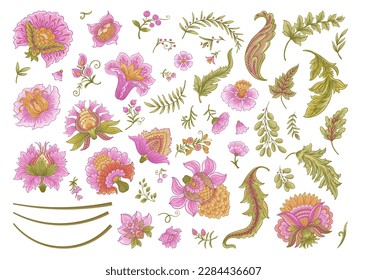 Fantasy flowers in retro, vintage, jacobean embroidery style. Clip art, set of elements for design Vector illustration.