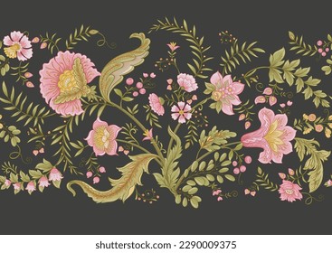 Fantasy flowers in retro, vintage, jacobean embroidery style. Seamless pattern, background. Vector illustration.