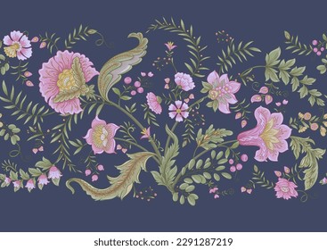 Fantasy flowers in retro, vintage, jacobean embroidery style. Seamless pattern, background. Vector illustration.