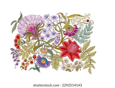 Fantasy flowers in retro, vintage, jacobean embroidery style. Clip art, set of elements for design Vector illustration.