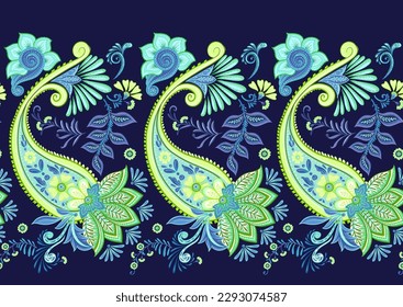 Fantasy flowers in retro, vintage, jacobean embroidery style. Paisley seamless pattern, background. Vector illustration on blue background.