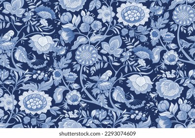 Fantasy flowers in retro, vintage, jacobean embroidery style. Seamless pattern, background. Vector illustration. In blue colors,