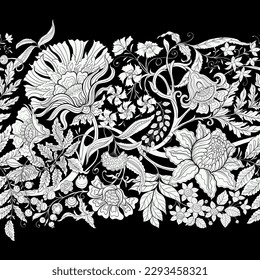 Fantasy flowers in retro, vintage, jacobean embroidery style. Seamless pattern, background. Vector illustration.