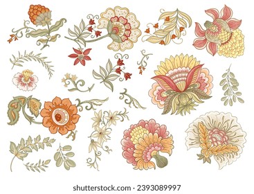 Fantasy flowers in retro, vintage, jacobean embroidery style. Millefleurs trendy floral design. Clip art, set of elements for design Vector illustration.