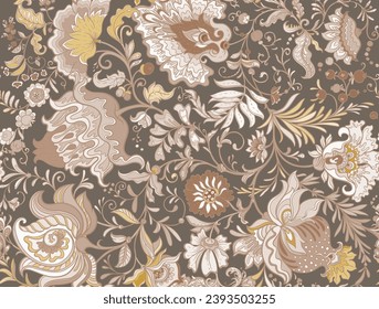 Fantasy flowers in retro, vintage, jacobean embroidery style. Seamless pattern, background. Vector illustration.