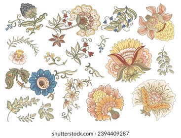 Fantasy flowers in retro, vintage, jacobean embroidery style. Millefleurs trendy floral design. Clip art, set of elements for design Vector illustration.