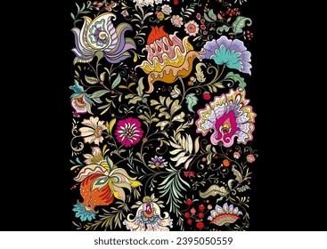 Fantasy flowers in retro, vintage, jacobean embroidery style. Seamless pattern, background. Vector illustration.