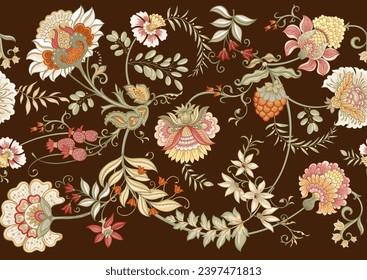 Fantasy flowers in retro, vintage, jacobean embroidery style. Seamless pattern, background. Vector illustration.