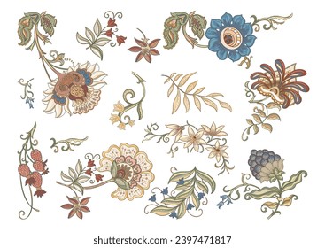 Fantasy flowers in retro, vintage, jacobean embroidery style. Millefleurs trendy floral design. Clip art, set of elements for design Vector illustration.