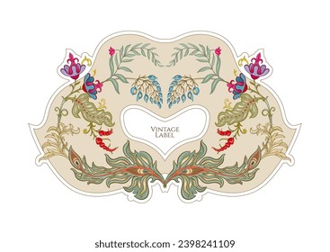 Fantasy flowers in retro, vintage, jacobean embroidery style. Border, frame, template for product label, cosmetic packaging. Vector illustration.