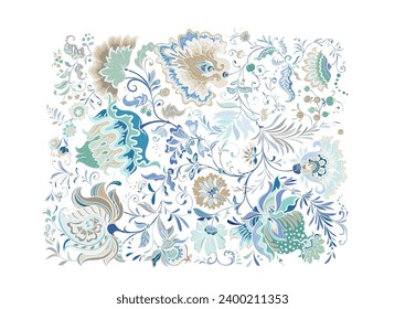 Fantasy flowers in retro, vintage, jacobean embroidery style. Clip art, set of elements for design Vector illustration.