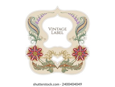 Fantasy flowers in retro, vintage, jacobean embroidery style. Border, frame, template for product label, cosmetic packaging. Vector illustration.