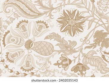 Fantasy flowers in retro, vintage, jacobean embroidery style. Seamless pattern, background. Vector illustration.