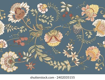 Fantasy flowers in retro, vintage, jacobean embroidery style. Seamless pattern, background. Vector illustration.