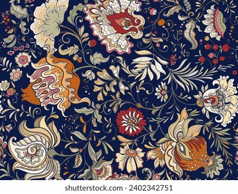 Fantasy flowers in retro, vintage, jacobean embroidery style. Seamless pattern, background. Vector illustration.