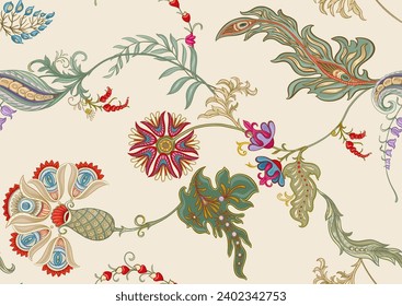 Fantasy flowers in retro, vintage, jacobean embroidery style. Seamless pattern, background. Vector illustration.