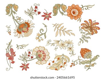 Flores de fantasía en estilo retro, vintage, jacobeo de bordado. Millefleurs diseño floral de moda. Imágenes prediseñadas, conjunto de elementos para la ilustración vectorial de diseño.