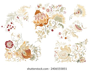 Fantasy flowers in retro, vintage, jacobean embroidery style. Clip art, set of elements for design Vector illustration.