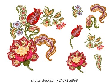 Fantasy flowers in retro, vintage, jacobean embroidery style. Clip art, set of elements for design Vector illustration.