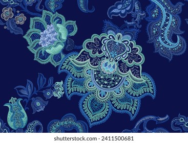 Fantasy flowers in retro, vintage, jacobean embroidery style. Seamless pattern, background. Vector illustration.