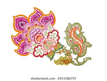 Fantasy flowers in retro, vintage, jacobean embroidery style. Clip art, set of elements for design Vector illustration.