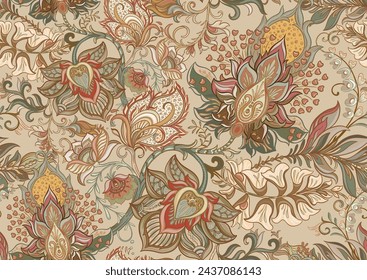 Fantasy flowers in retro, vintage, jacobean embroidery style. Seamless pattern, background. Vector illustration.