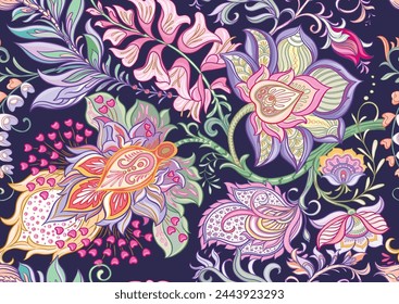 Fantasy flowers in retro, vintage, jacobean embroidery style. Seamless pattern, background. Vector illustration.