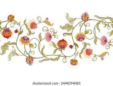 Fantasy flowers in retro, vintage, jacobean embroidery style. Seamless pattern, background. Vector illustration.