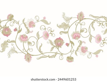 Fantasy flowers in retro, vintage, jacobean embroidery style. Seamless pattern, background. Vector illustration.