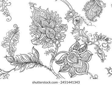 Fantasy flowers in retro, vintage, jacobean embroidery style. Seamless pattern, background. Outline Vector illustration.