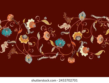 Fantasy flowers in retro, vintage, jacobean embroidery style. Seamless pattern, background. Vector illustration.