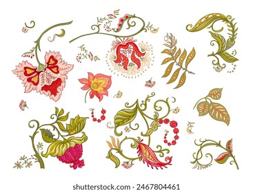 Fantasy flowers in retro, vintage, jacobean embroidery style. Clip art, set of elements for design Vector illustration.