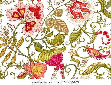 Fantasy flowers in retro, vintage, jacobean embroidery style. Seamless pattern, background. Vector illustration.